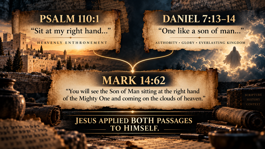 Comparison of Psalm 110, Daniel 7, and Mark 14 showing the Old Testament passages Jesus applied to Himself