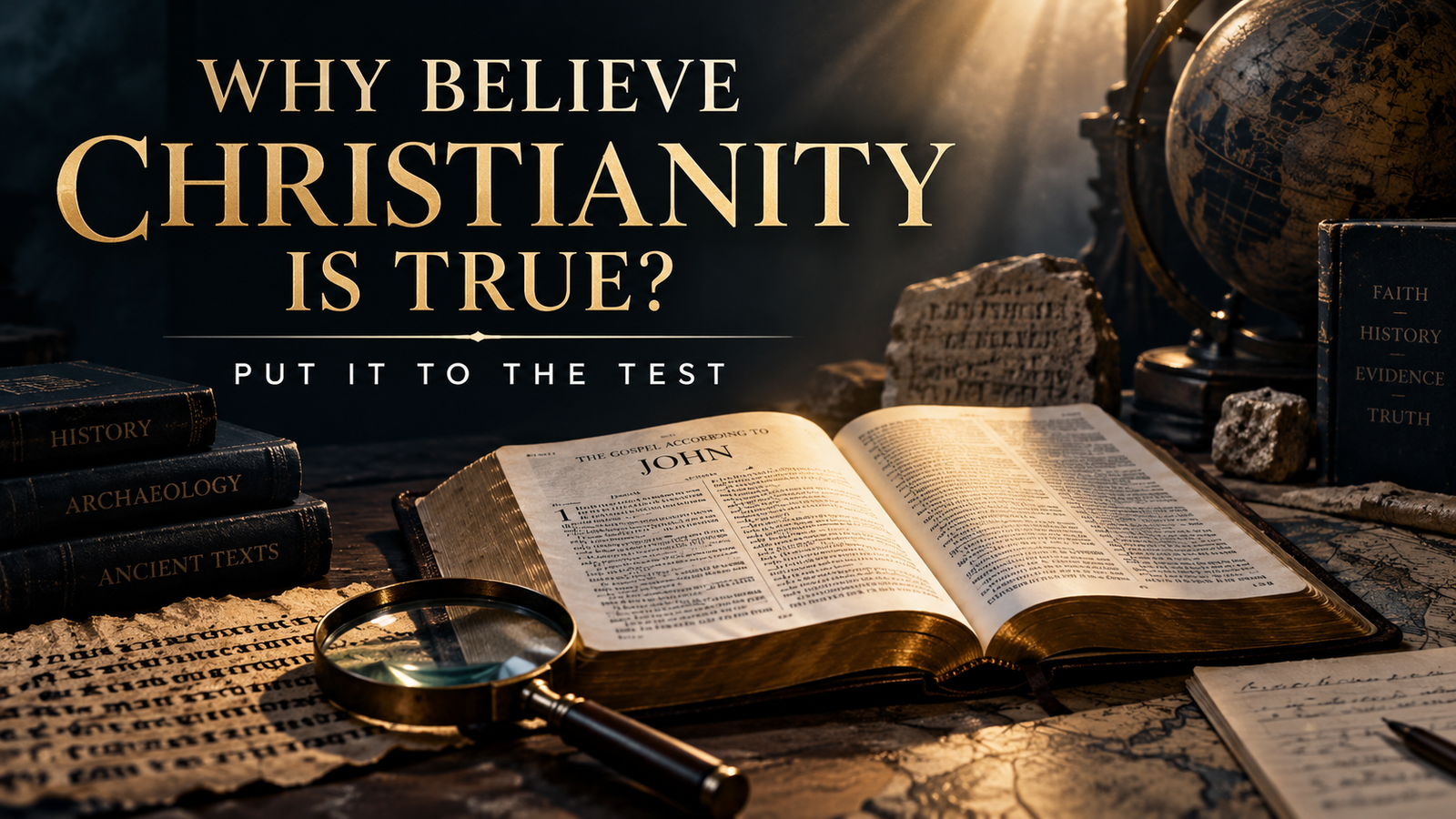 Open Bible and historical research materials representing evidence for the truth of Christianity